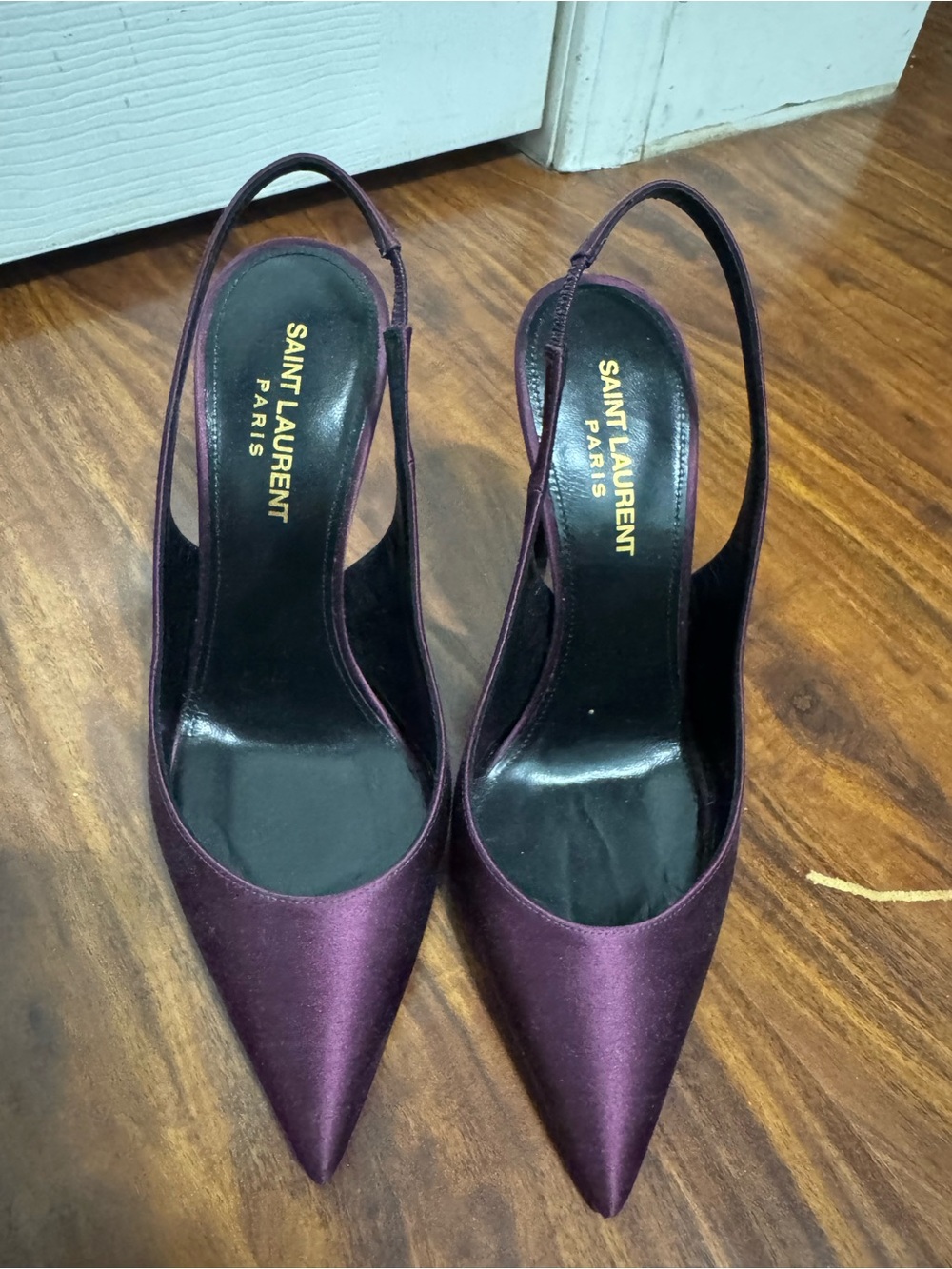 Saint Laurent Plum Satin Pointed Slingback Pumps